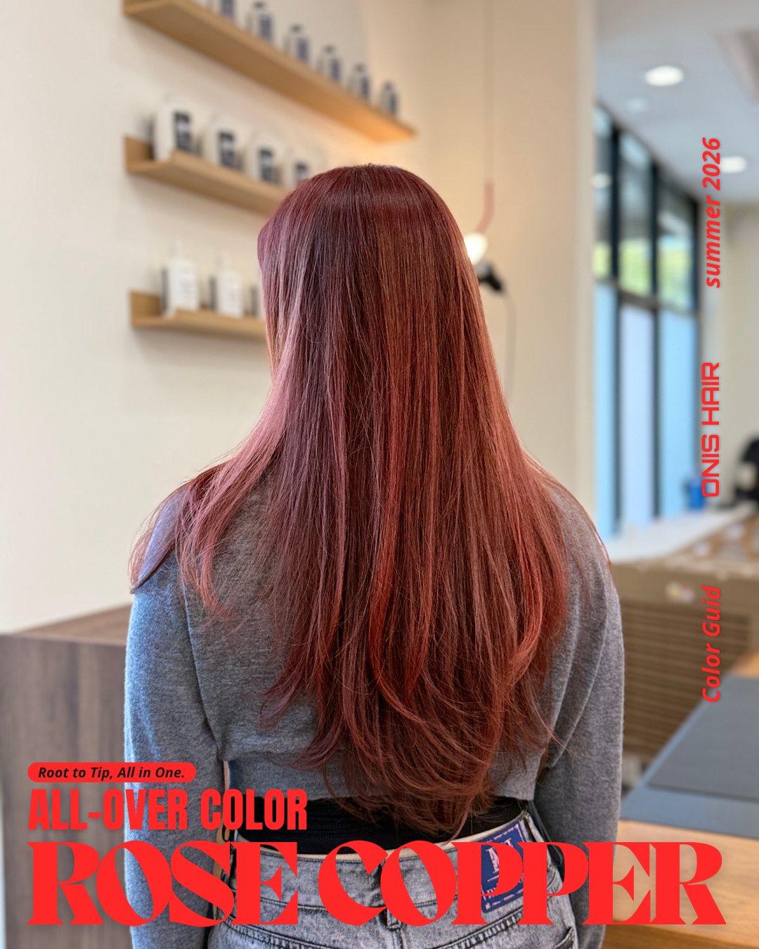 All-over rose copper hair color at ONIS Hair Salon, Koreatown Los Angeles
