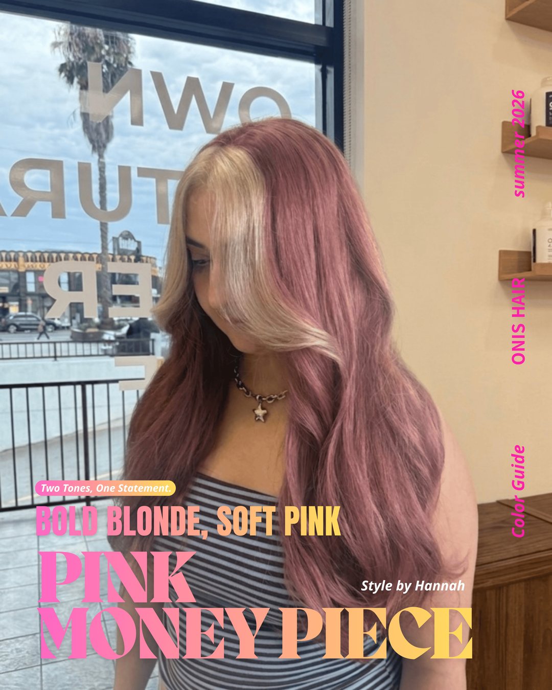 Bold blonde with a soft pink money piece at ONIS Hair Salon, Koreatown Los Angeles
