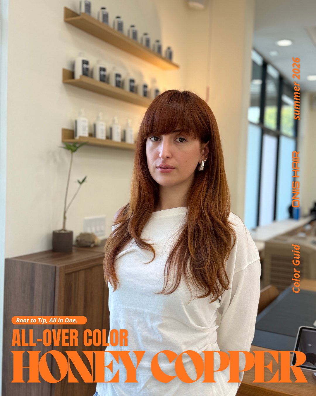 All-over honey copper hair color at ONIS Hair Salon, Koreatown Los Angeles