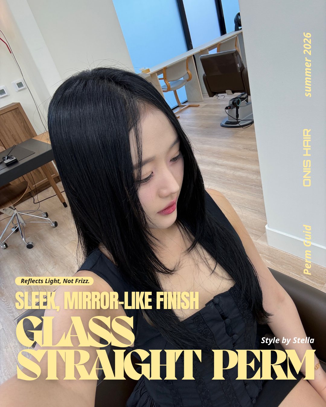 Glass straight perm with a sleek mirror finish at ONIS Hair Salon, Koreatown Los Angeles