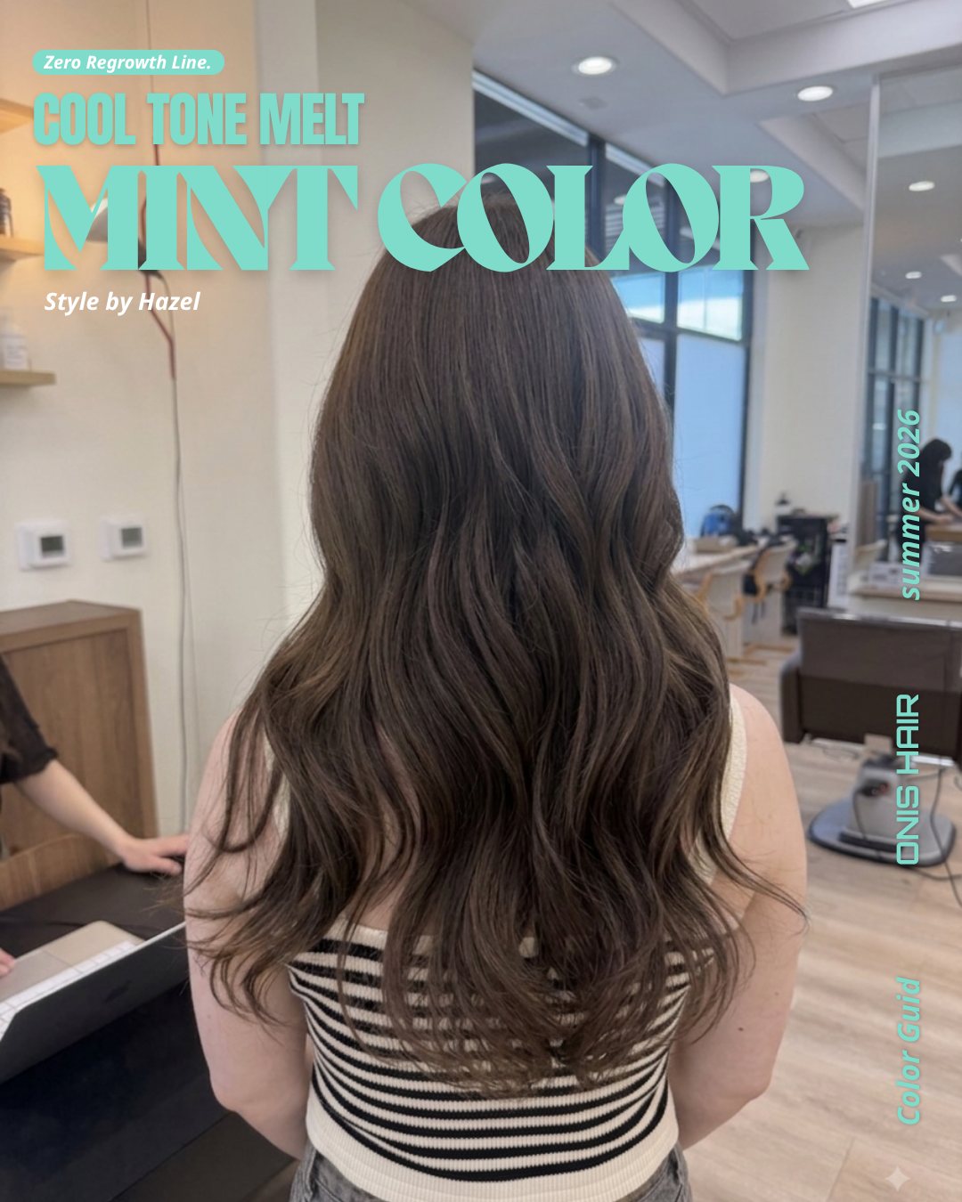 Cool tone mint hair color at ONIS Hair Salon, Koreatown Los Angeles